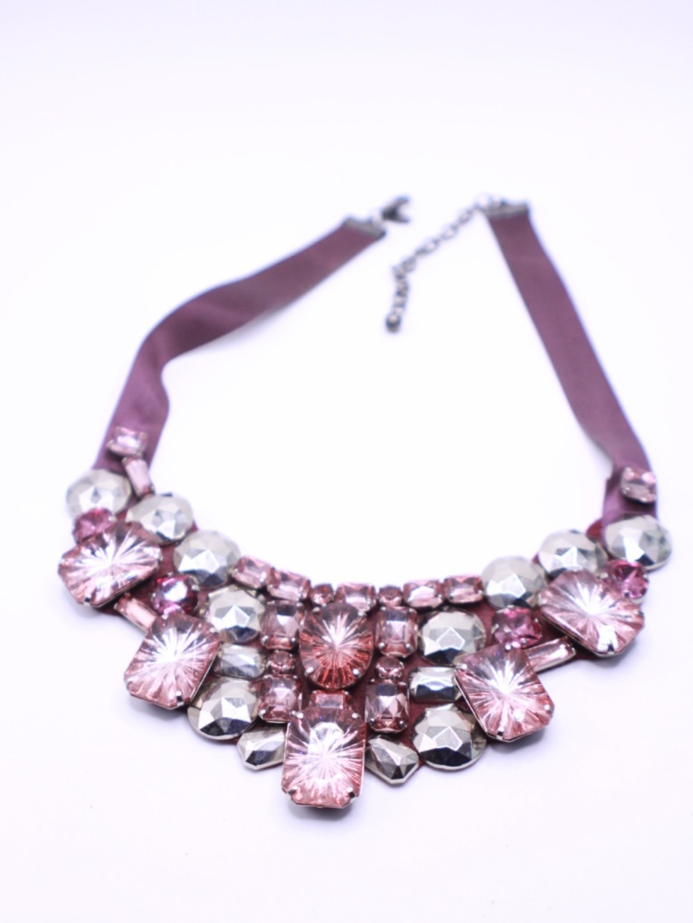 Joan Rivers Bib Ribbon Statement Necklace Molded Purple and Silver Rhinestones